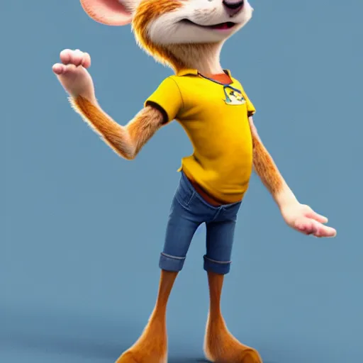 Image similar to 3 d render, portrait, mid shot, anthropomorphic mouse, female, blond fur, blue eyes, wearing denim short shorts, wearing a off yellow tank top shirt, solo, in the style of zootopia