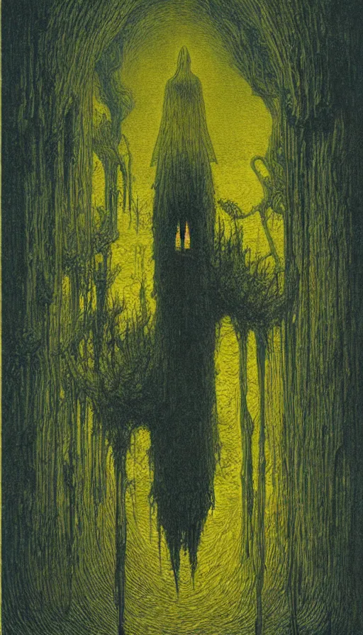 Prompt: forbidden knowledge, madness, the eldritch king in yellow by beksinski, tarot card, strange frames, ghibli