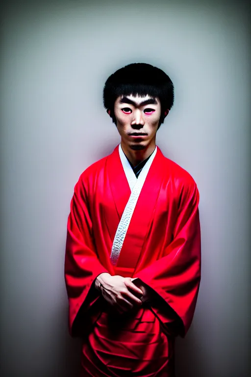 Prompt: photography masterpiece by haruto hoshi, flash photography portrait of young japanese man in kabuki cho, shot on a canon 5 d mark iii with a 3 5 mm lens aperture f / 5. 6, full frame, full res, full color, film grain, dynamic composition, high camera angle, hyper realistic