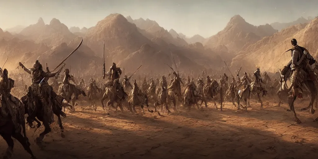 Prompt: detailed matte painting by greg rutkowski : old islam army about to enter a war with swords, realistic, fighting, horses, desert, 8 k detailed, artstation, cinematic color scheme, highly detailed scene