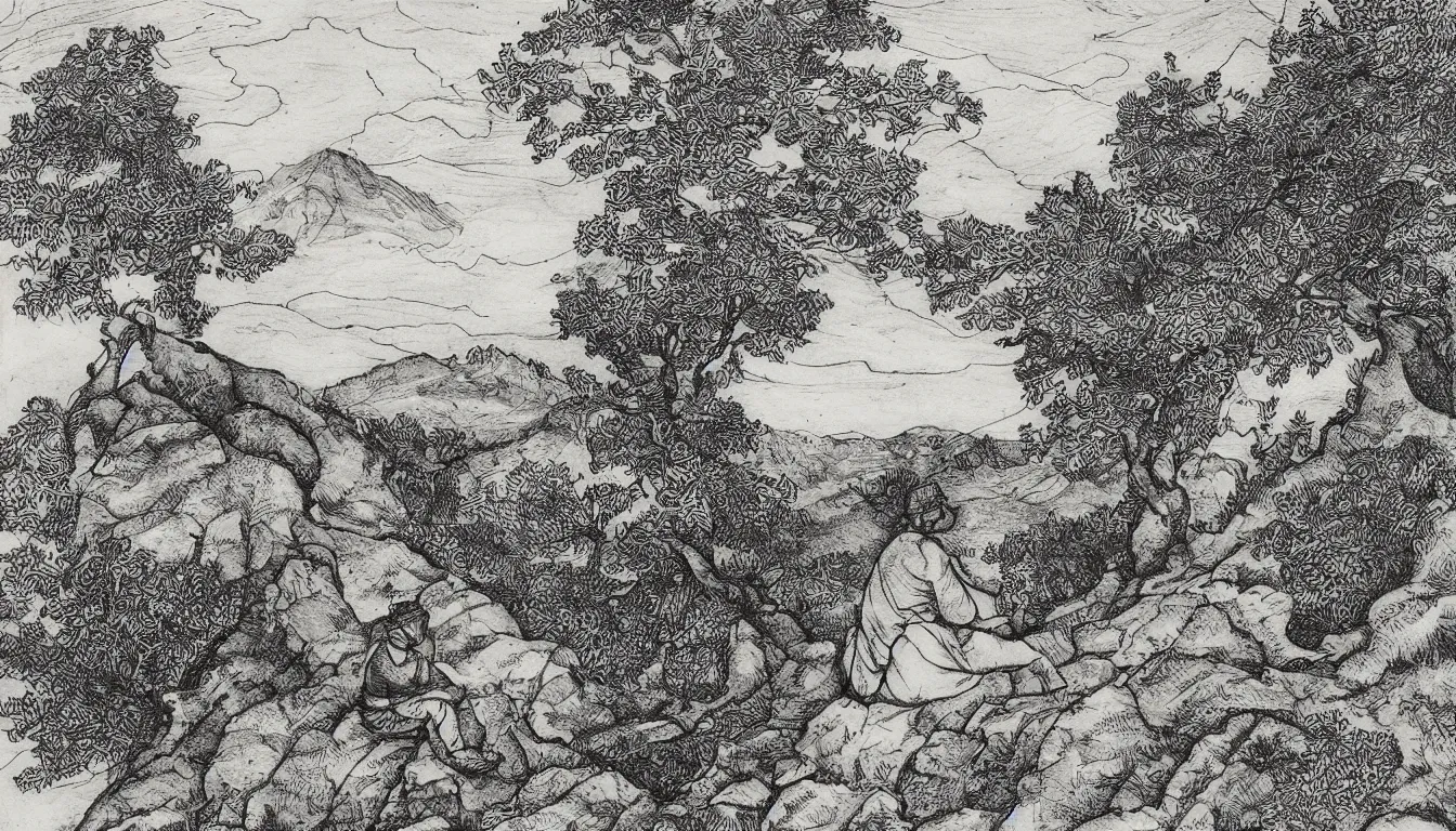 Image similar to a person sits on a mountain side while wind blows through the trees, pen and ink, 1 5 0 0 s, 8 k resolution