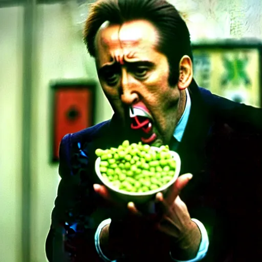 Prompt: nicolas cage drowning mouth full of peas, movie still, the wicker man