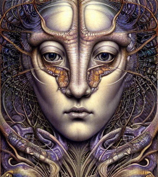 Image similar to detailed realistic beautiful chameleon goddess face portrait by jean delville, gustave dore, iris van herpen and marco mazzoni, art forms of nature by ernst haeckel, art nouveau, symbolist, visionary, gothic, neo - gothic, pre - raphaelite, fractal lace, intricate alien botanicals, biodiversity, surreality, hyperdetailed ultrasharp octane render