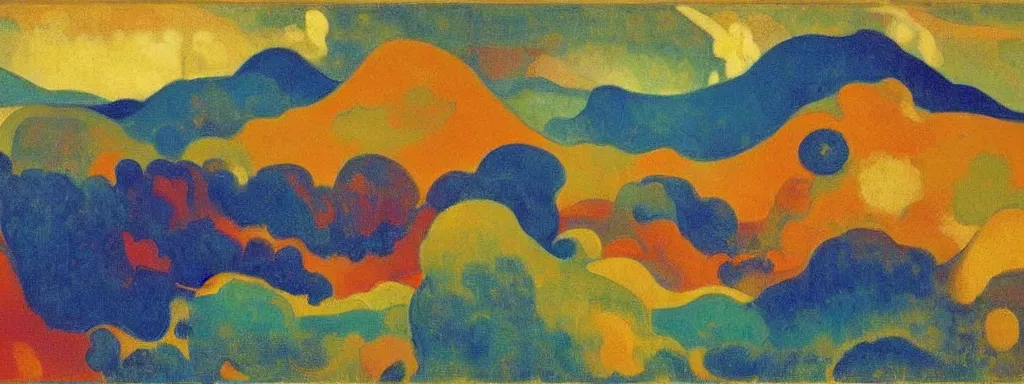 Image similar to An insane, modernist landscape painting. Wild energy patterns rippling in all directions. Curves, organic, zig-zags. Mountains, clouds. Rushing water. Waves. Psychedelic dream world. Odilon Redon. Andre Derain.