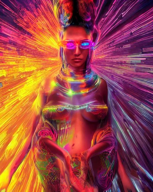 Image similar to a powerful energy psychedelic woman, by alexander fedosav, hyper detailed digital matte painting, concept art, hyperrealism, 1 6 k resolution, cinema 4 d, 8 k resolution, trending on artstation, behance hd, a masterpiece, by stephan martiniere, particles, cel - shaded, power bright neon energy, by david a. hardy,