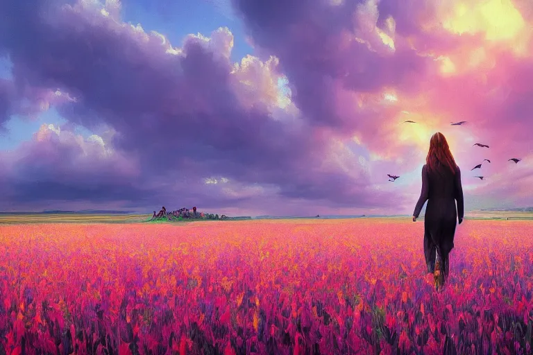 Image similar to closeup, giant gladiola flower head, girl in suit walking in field of flowers, surreal photography, sunrise, blue sky, dramatic light, impressionist painting, digital painting, artstation, simon stalenhag