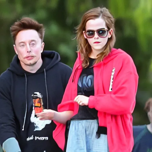 Image similar to emma watson and elon musk as a teenagers with hoodies holdings hands at the park