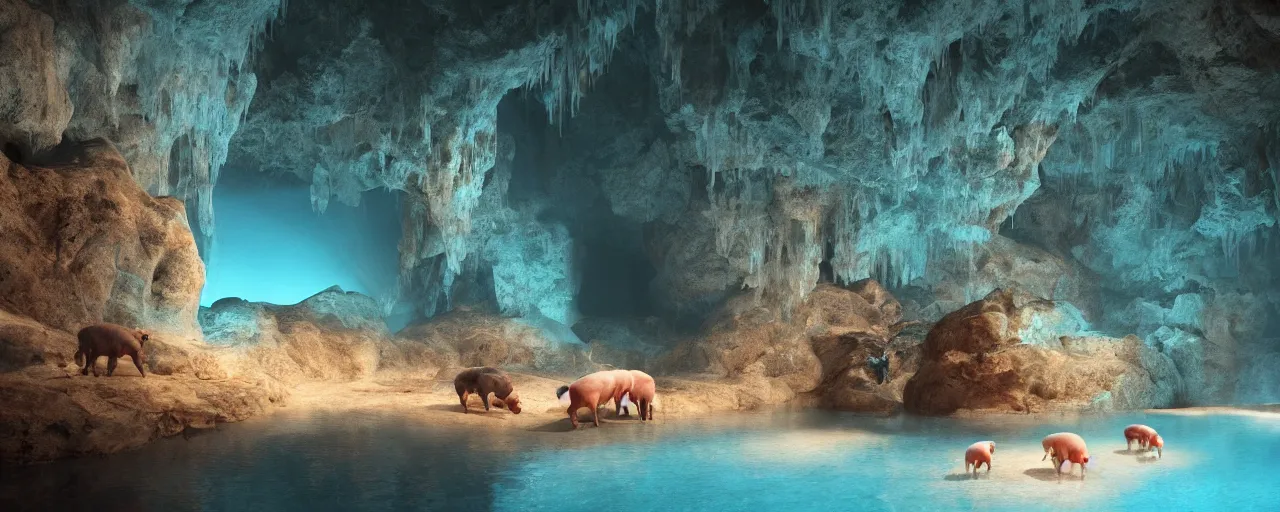 Prompt: Beautiful ancient mountain cave, pigs, volumetric lighting beaming through a crack in the roof shining on a turquoise clear pool. A soft glow slightly dusty atmosphere. Wallpaper. Ultra HD, V-ray, Octane Render, 8k, Sharp, Detailed, Maximalism. Stunning