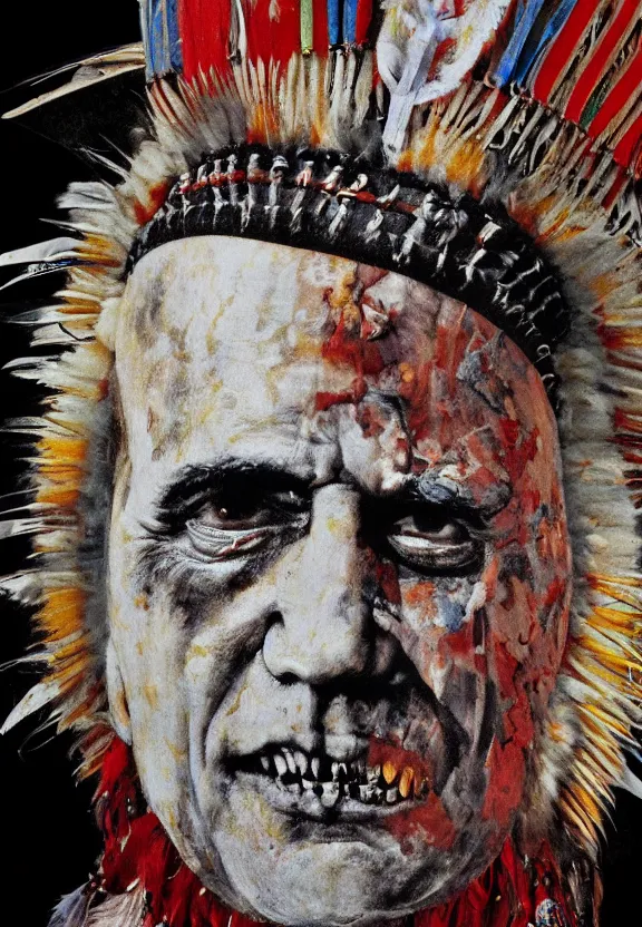 Image similar to close up portrait of zombie Pope Francis wearing a Native American Indian Feathered Headdress War Bonnet, dead redemption, by Julie Mehretu