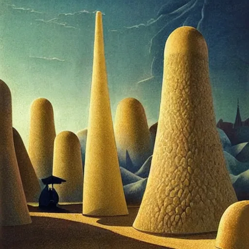 Prompt: The land art depicts a city made entirely out of kulich, a traditional Russian Easter bread. The city is bustling with activity, as people go about their day-to-day lives. The illustration is playful and whimsical, with a touch of magic. by Franz Sedlacek