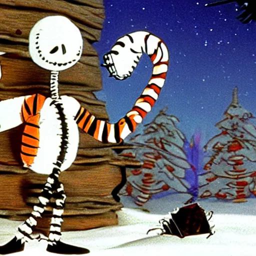 Prompt: a still of calvin and hobbes in nightmare before chrismas