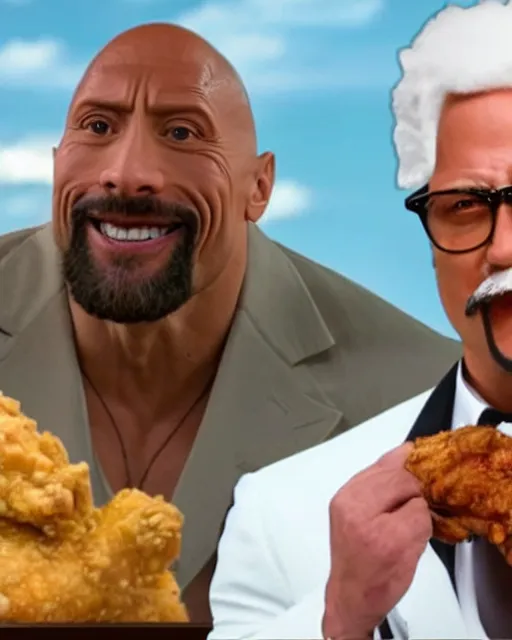 Prompt: dwayne johnson as colonel sanders eating fried chicken