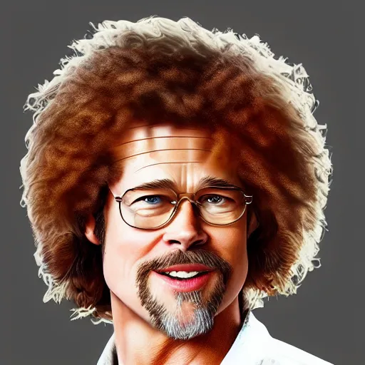 Prompt: brad pitt as bob ross, 8 k, trending on artstation