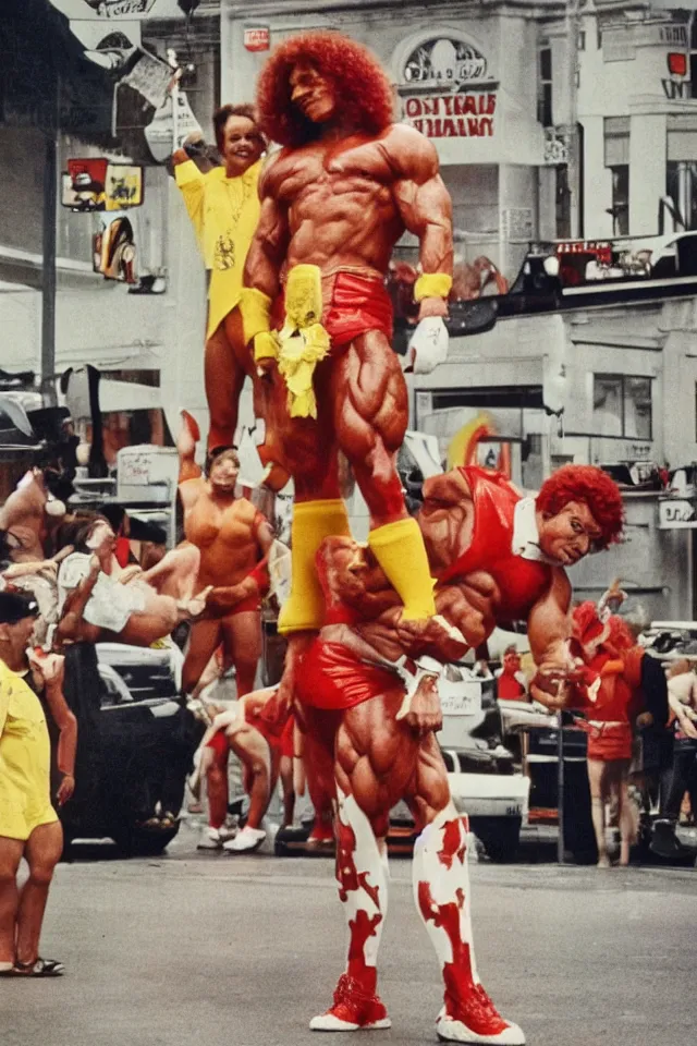 Image similar to Ronald McDonald as a bodybuilder in front of McDonald\'s, photo by Anne Liebovitz