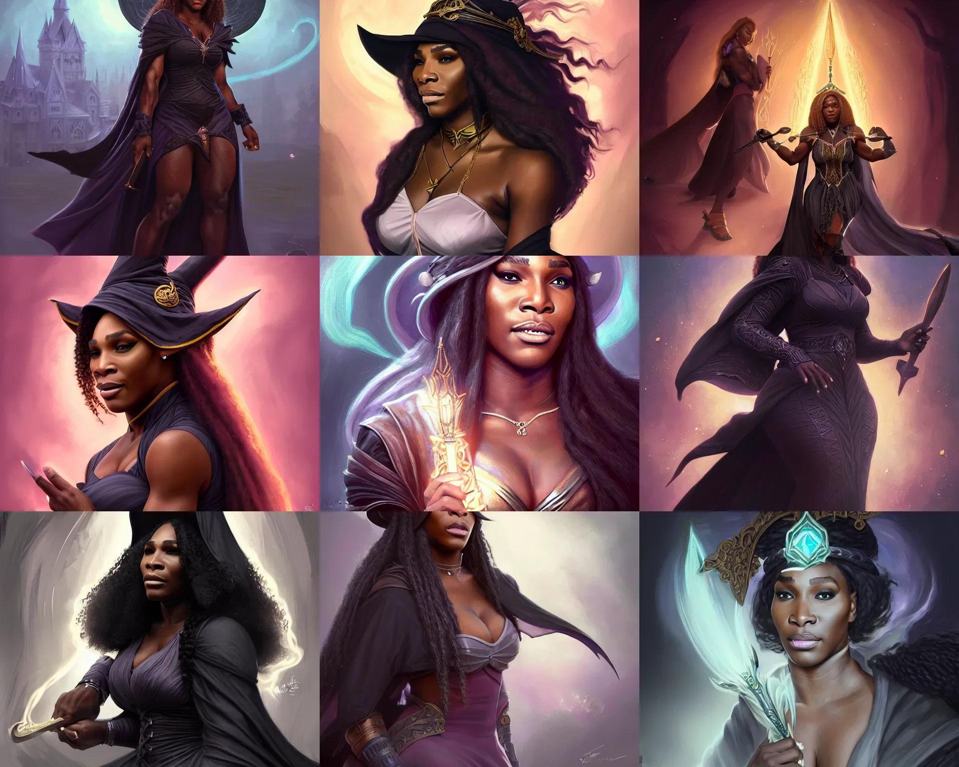 mindblowing, serena williams as a female wizard, black wizard hat, robes,  deep focus, d & d, fantasy, intricate, elegant!!, beautiful, highly  detailed, digital painting, artstation, concept art, matte, sharp,  illustration, hearthstone, art