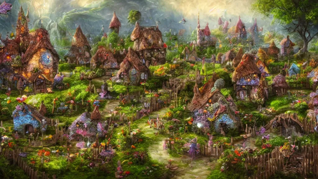 Prompt: a fairy village in a garden with tiny fences, toad stools and fairy hotels and homes with fairy's flying around, highly detailed oil painting, epic fantasy art, abstraction, masterpeice, 8k