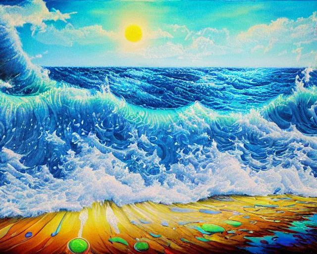 Prompt: Ocean waves in a psychedelic dream world. Landscape painting.