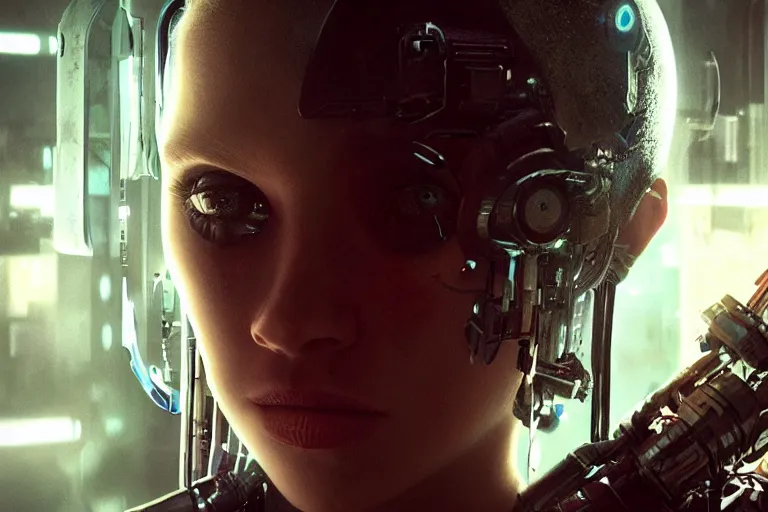 Image similar to cinematography closeup portrait of a cyborg girl in a cyberpunk apartment by Neil blomkamp
