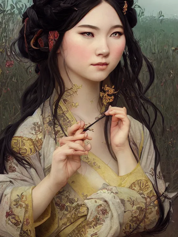 Prompt: portrait of a beautiful seductive slightly plump european girl wearing hanfu, farm background, fantasy, d & d, dark eyeliner, intricate, elegant, highly detailed, digital painting, artstation, concept art, matte, sharp focus, illustration, art by greg rutkowski and alphonse mucha