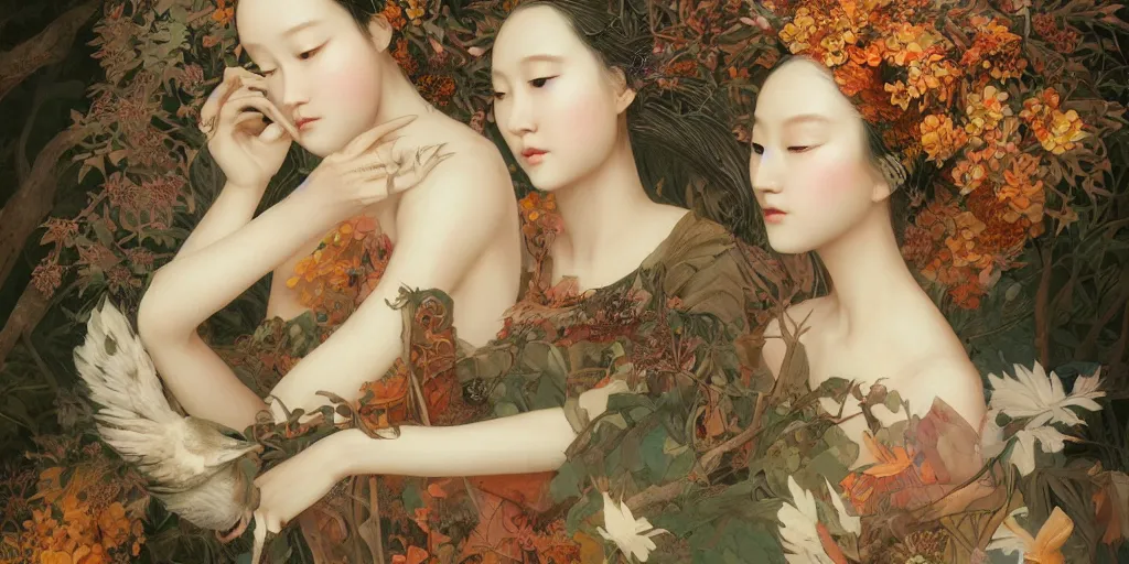 Image similar to breathtaking detailed concept art painting blend of two goddess of autumn by hsiao - ron cheng with anxious piercing eyes, vintage illustration pattern with bizarre compositions blend of flowers and fruits and birds by beto val and john james audubon, exquisite detail, extremely moody lighting, 8 k