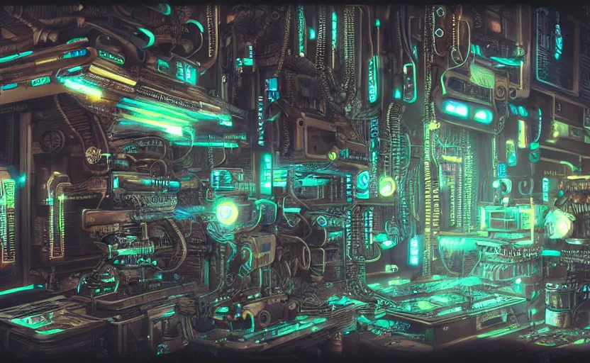 Image similar to technological drilling machine, extremely detailed cyberpunk ( steampunk ), small neon keyboard, realistic shaded,