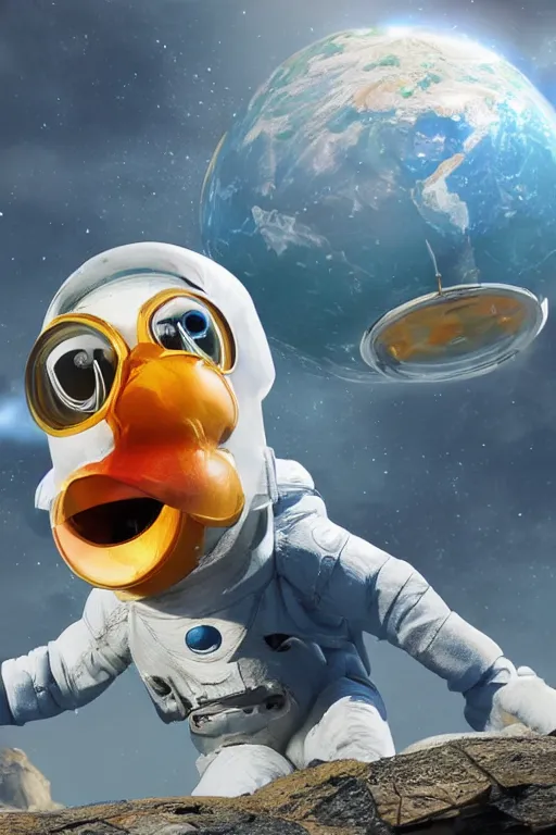 Image similar to a lonely chicken wearing a space suit without helmet in a alien planet, profile picture, digital art, concept art, trending on DeviantArt, highly detailed, high quality, 4K, cartoon, high coherence, path traced, blue sky in the background, octane render, digital painting, no helmet, masterpiece, anatomically correct, hyperrealistic