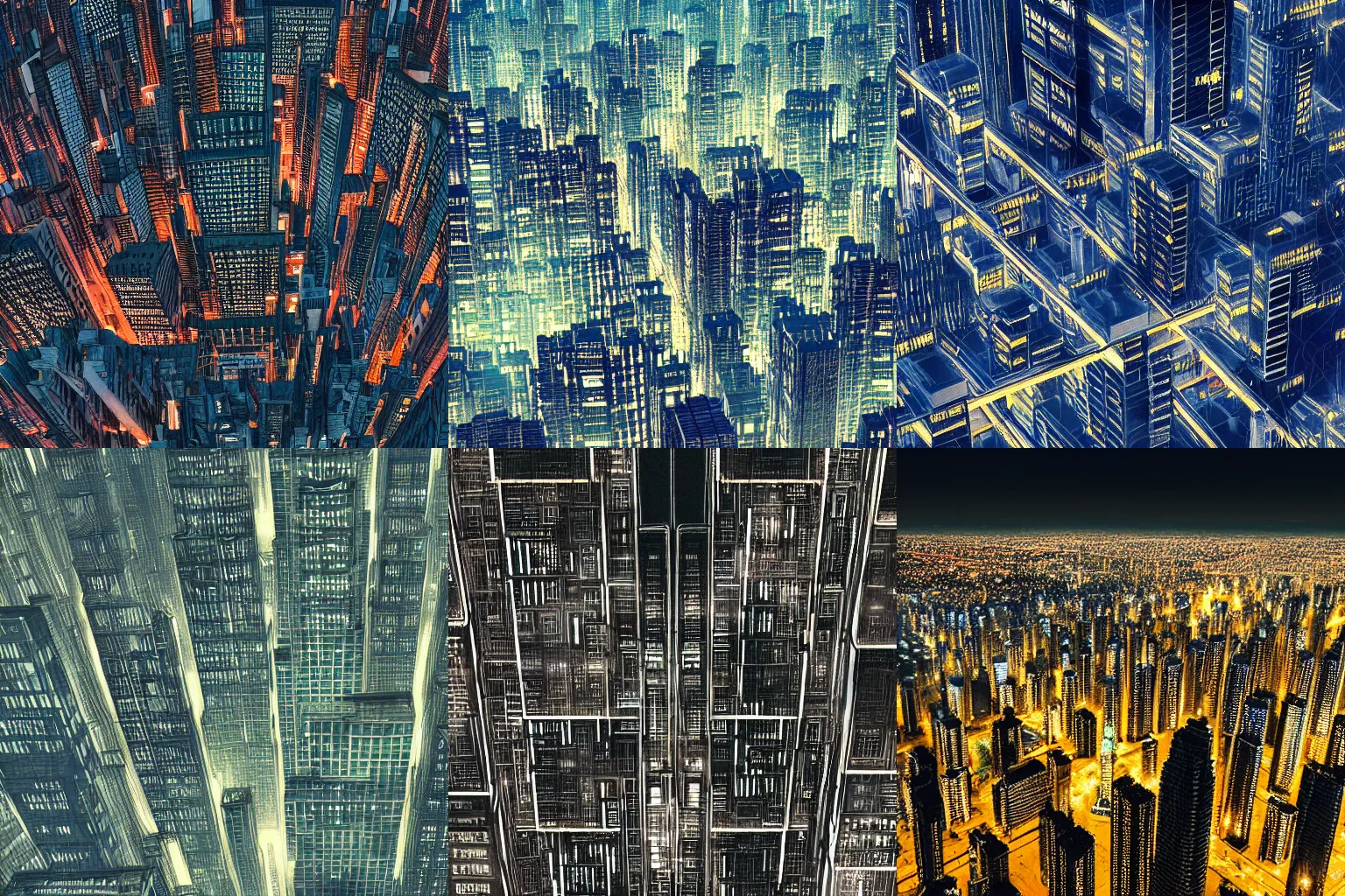 Prompt: Birds eye view of a metropolis at night, rectangular city grid with narrow streets, tall brutalist architecture buildings, all buildings have the same height, sparse streets amount, city lights spilling upwards above the top of the buildings, digital art, cyberpunk, sci-fi,