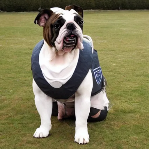 Prompt: bulldog wearing royal air force 1942 fighter pilot uniform