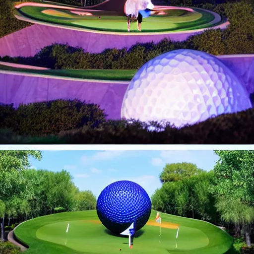 Image similar to a giant playing golf using the spaceship earth attraction at epcot as the ball in real life, highly detailed, extremely high resolution, ultra realistic