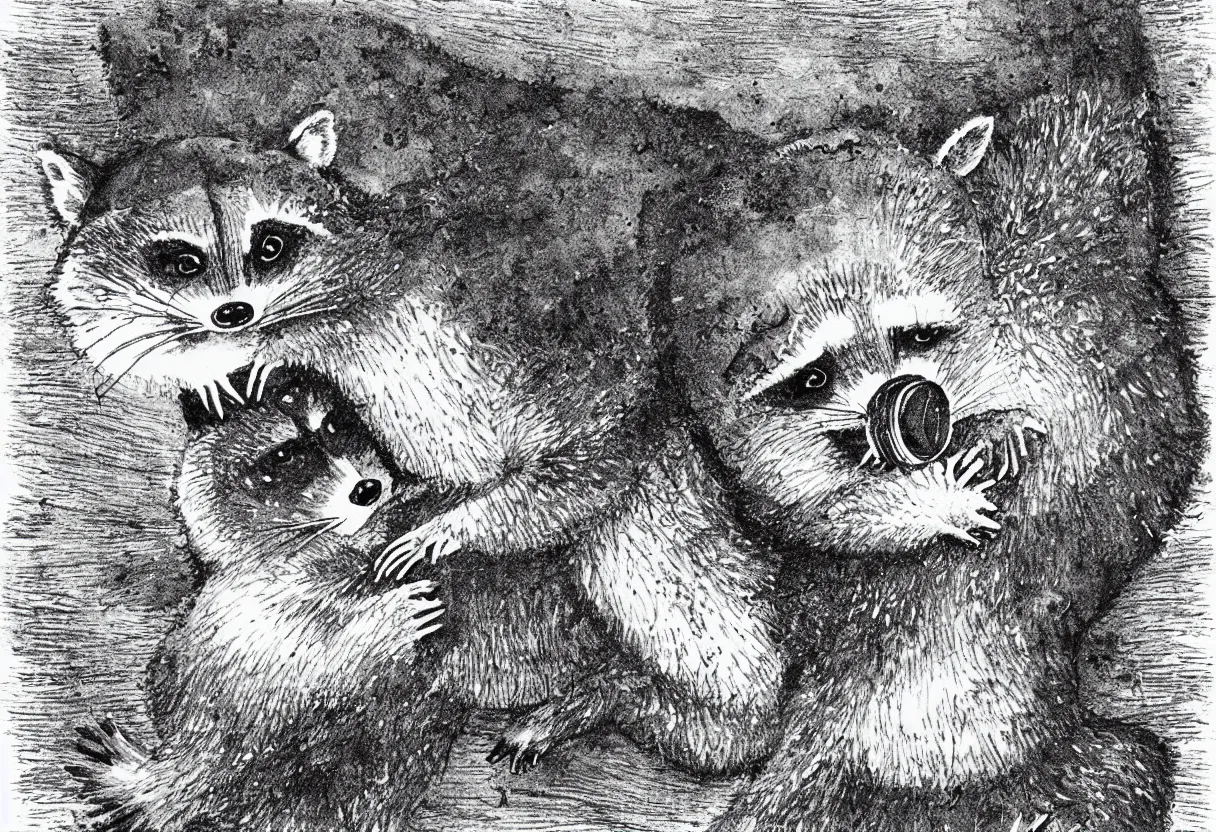 Prompt: one raccoon holding up and looking at a starfish, maurice sendak