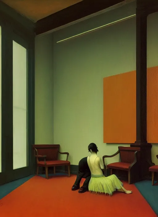 Prompt: inside a waiting room, Edward Hopper and James Gilleard, Zdzislaw Beksinski, Mark Ryden, Wolfgang Lettl highly detailed, hints of Yayoi Kasuma