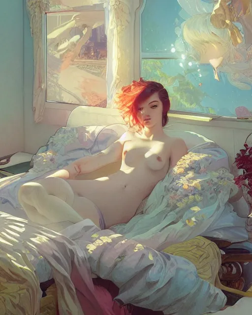 Image similar to emily rajtkowski, vaporwave, bedroom, highly detailed, digital painting, artstation, concept art, smooth, sharp focus, illustration, art by artgerm and greg rutkowski and alphonse mucha