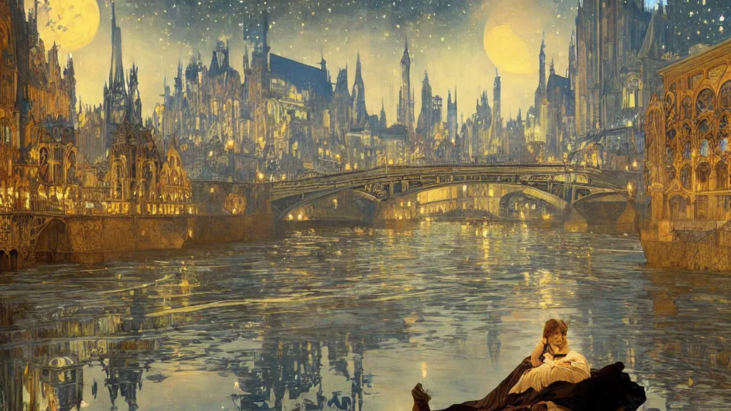 Image similar to a beautiful painting of the view from the river of a city of bridges and arches, with art nouveau architecture, at night with a sky full of stars, intricate, elegant, highly detailed, digital painting, artstation, concept art, by krenz cushart and artem demura and alphonse mucha