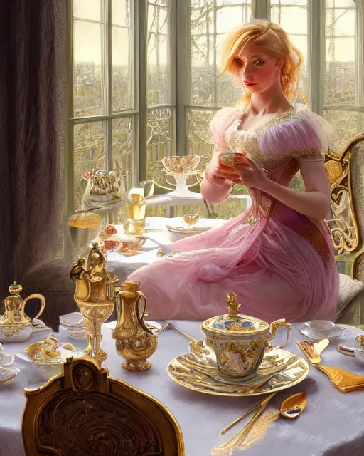 Image similar to Portrait of a blonde lady & a mallard & a pig having tea at the Ritz, real life skin, intricate, elegant, highly detailed, artstation, concept art, smooth, sharp focus, art by artgerm and greg rutkowski and alphonse mucha