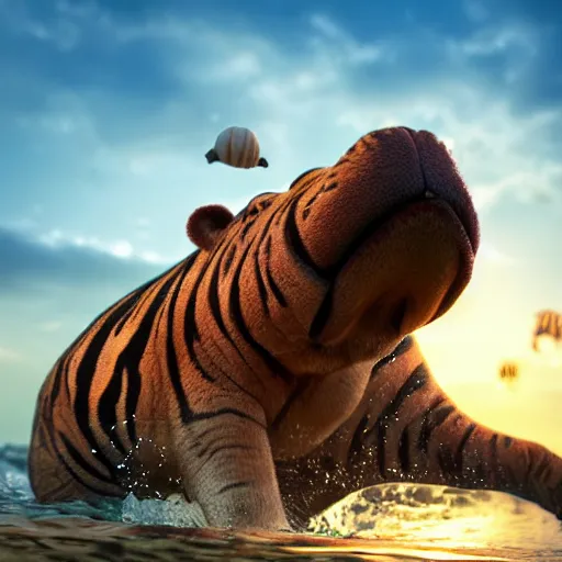 Image similar to a closeup photorealistic photograph of a cute smiling knitted tiger hippopotamus chasing beachballs during sunset. teeth exposed, surf in the background. professional capture. this 4 k hd image is trending on artstation, featured on behance, well - rendered, extra crisp, features intricate detail, epic composition and the style of unreal engine.