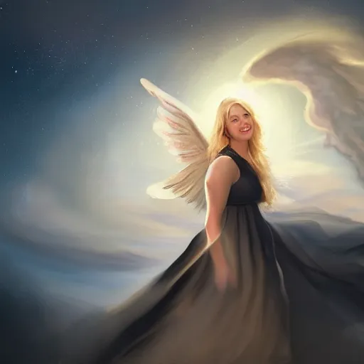 Prompt: a painting of an angel, a young woman with long blond hair and a halo wearing a black top and beautiful dress, smiling in heaven, jessica rossier