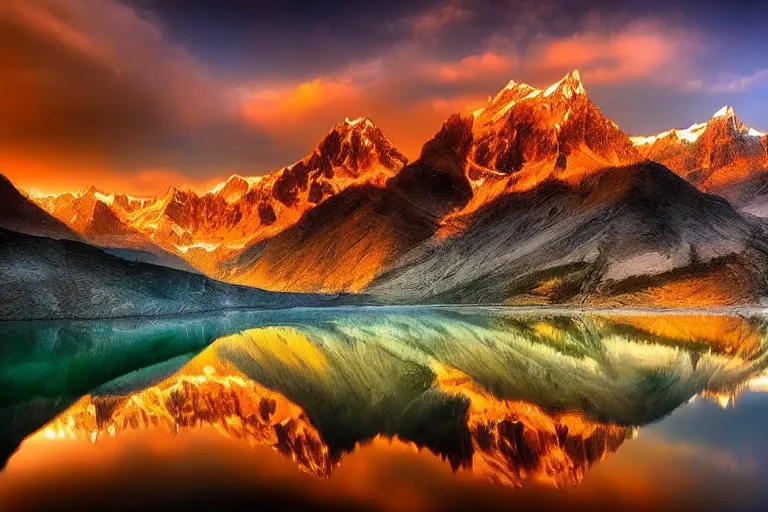 Prompt: amazing landscape photo of mountains with lake in sunset by marc adamus, beautiful, dramatic lighting