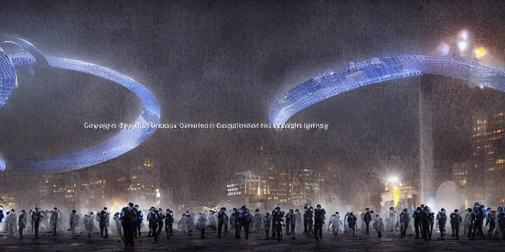 Image similar to policemen protect and guard a huge spiral - shaped luminous object right in the center of the city from protesting people, night, rain and light fog, professional lighting, concept art in 3 d, high detail, professional lighting