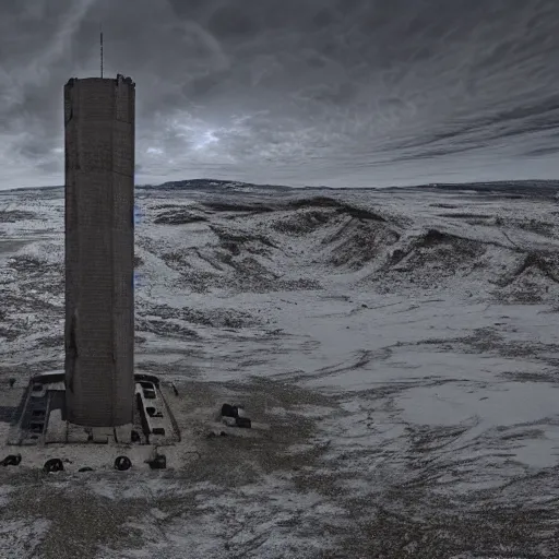 Image similar to a distorted post-apocalyptic landscape with a singular concrete military tower near the frozen lake hd 8k photo big lake high tower