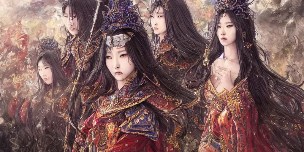 Image similar to an concept art of the korean queen surrounded by magic guards, long hair, makeup, intricate details, detailed face, detailed dress, one face, artstation, epic pose, colourful light, by kentaro miura and vasnetsov