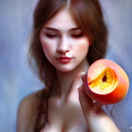 Image similar to Beautiful woman holding a peach, detailed digital art by WLOP and Artgerm