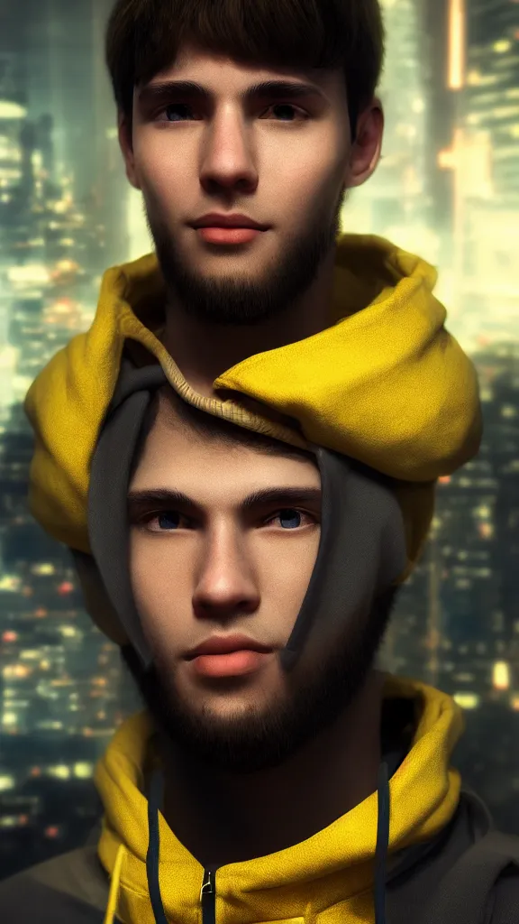 Image similar to close up portrait of young handsome it engineer in a yellow sweatshirt. cyberpunk, volumetric lighting, 4 k, hd, artstation, deviantart