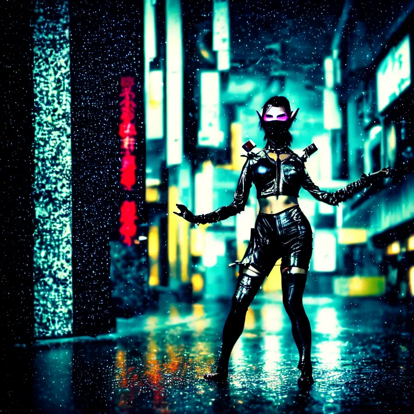 Image similar to a photo close up cyberpunk kubuki masked woman dancing in the rain, cyberpunk hiroshima, prefecture streets, midnight, photorealistic, cinematic lighting, highly detailed, bokeh, style by tomino - sama