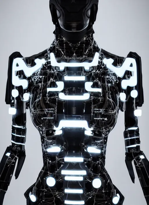 Image similar to Close upper body shot. Artistically angled subject. Professional studio portrait lighting. Technological female fashion photography. Mechanical cybernetic suit designed by Ikeuchi Hiroto. Wearable design. Hydraulics. Reflective domes. Intricate tech. Formfitting. Bulky wearables. Receiver Antennae.