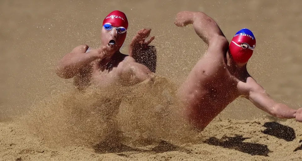 Image similar to olympic swimming in sand instead of water, extremely coherent, motion blur