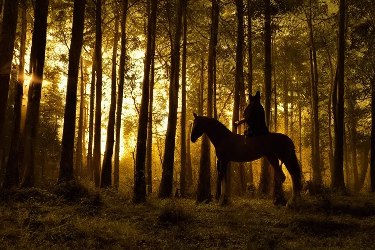 Image similar to beautiful horse in the forest evening natural light, fireflies, 85mm by Emmanuel Lubezki