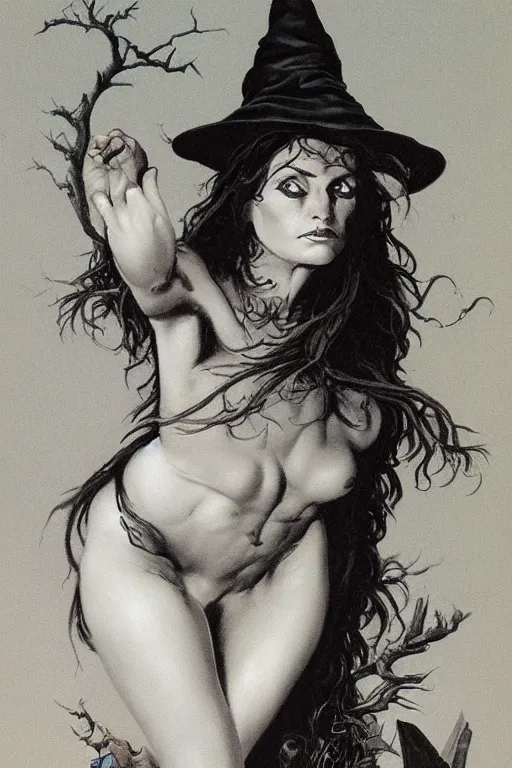 Prompt: portrait of a young witch under the full moon, true anatomy, detailed face, highly detailed, by frank frazetta and boris vallejo