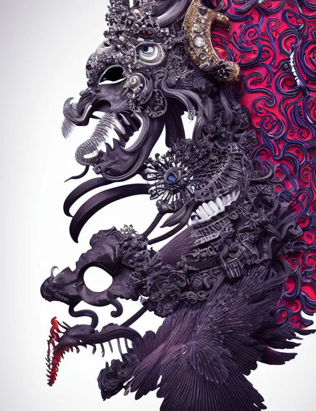 Image similar to 3 d goddess close - up profile portrait of satanic with ram skull. beautiful intricately detailed japanese crow kitsune mask and clasical japanese kimono. betta fish, jellyfish phoenix, bio luminescent, plasma, ice, water, wind, creature, artwork by tooth wu and wlop and beeple and greg rutkowski