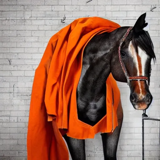 Prompt: horse with orange inmate clothes, in a jail