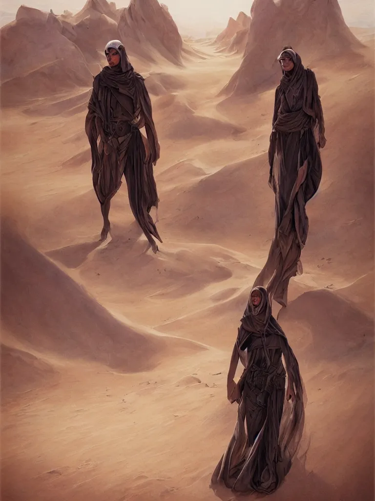 Image similar to a stunning hyperrealistic character from the movie Dune walking through an arid minimalistic desert with harsh noon sunlight with an oasis in the background, award-winning, masterpiece, in the style of Tom Bagshaw, Cedric Peyravernay, Peter Mohrbacher